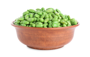 Raw green edamame soybeans in bowl isolated on white