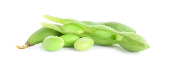 Raw green edamame pods with soybeans isolated on white