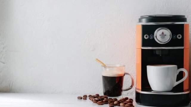 The image shows a coffee maker with a cylindrical base and a hexagonal top. It is brewing with dark coffee visible in the transparent lower chamber. The background is made up of various shades
