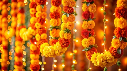 Festive Marigold Garlands with String Lights.