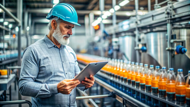 Factory Worker Inspecting Bottling Line on Tablet.