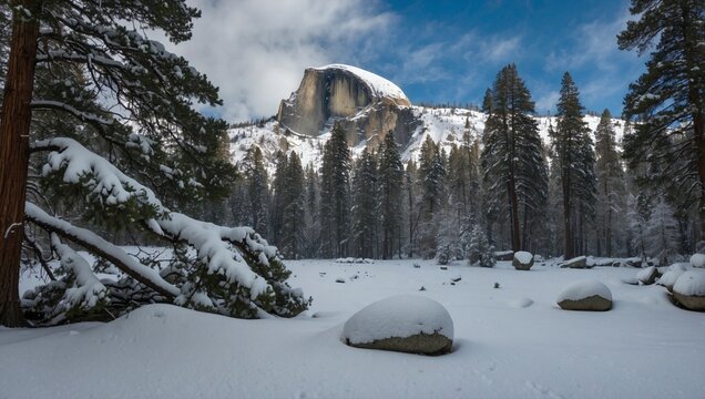 Half Dome and snowy tree from Stoneman Meadow