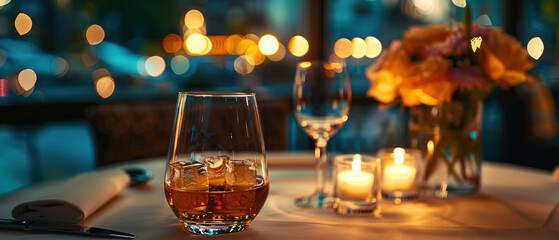 a empty table with a glass of whiskey, on dark elegant restaurant background