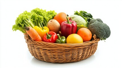 Fototapeta premium Fresh fruits and vegetables in a basket on a white background.