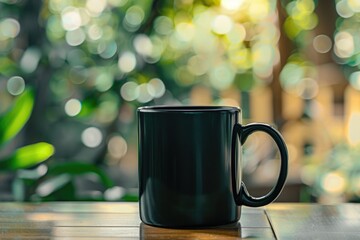 Wooden Table with Black Coffee Mug