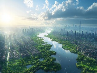 Fototapeta premium A Breathtaking Fusion of Urban Architecture and Natural Landscape Along a Serene River