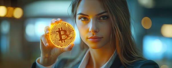 Businesswoman holding glowing cryptocurrency coin, Cryptocurrency, women in finance and tech