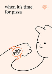 When it is time for pizza. Character looking at the clock template. Vector pizzeria illustration background poster. Modern street food flyer design for italian restaurant, cafe, delivery in line style