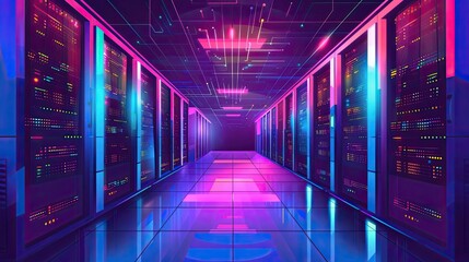 Fototapeta premium Neon-Lit Server Room with Reflective Floor