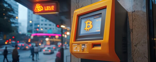 Naklejka premium Cryptocurrency ATM in bustling urban area, Cryptocurrency, accessibility of digital finance