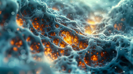 Abstract glowing field with red dots on a blue background. Concept of a futuristic landscape or alien terrain