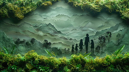 Silhouette of a family holding hands in a lush green garden with flowers