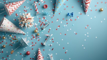 Fototapeta premium A festive background with blue and red party hats, noisemakers, and confetti poppers for a birthday card or event celebration.