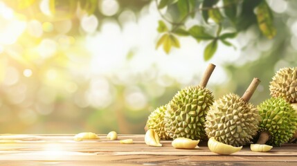 Durian fruits on wooden surface with white background blur