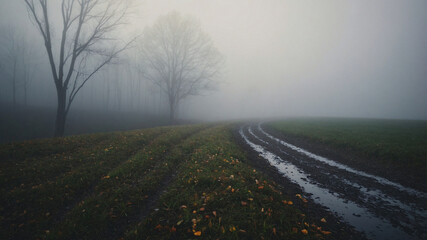 Misty countryside landscape with a dirt road and tree