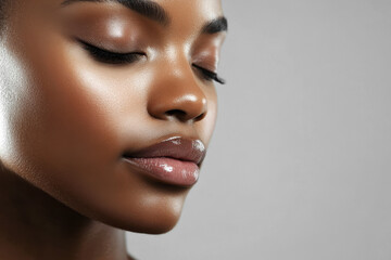 Profile of a young African American woman with smooth and radiant skin, eyes closed, calm expression, enjoying natural skincare routine