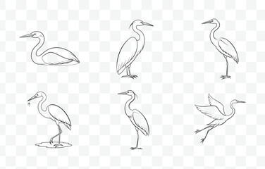 Print Detailed Heron Line Art Vector Set of Graceful Wading Birds in Various Poses for Artistic and Design Projects