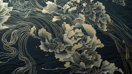 elegant floral patterns with gold and silver accents on a dark background creating a luxurious and intricate design