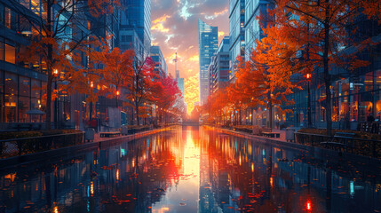 Urban Cityscape During Autumn Sunset with Vibrant Orange Trees