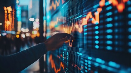 Hand Touching Digital Stock Market Graph Display in Modern Financial Trading Environment
