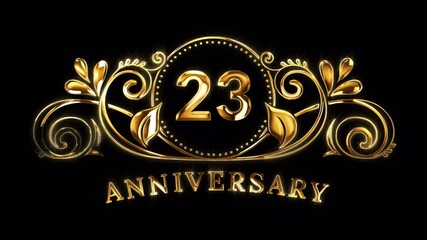23rd Anniversary Celebration. Happy 23 Years Anniversary Animation in Gold Color on the Transparent Background, Alpha Channel. Great for greetings, celebrations, events, and gifts.