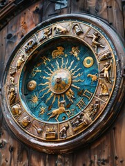 Obraz premium Wooden wall with zodiac signs and clock