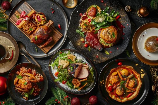 A variety of Christmas food displayed on plates on a dark table, Festive feasts brimming with delicious dishes