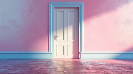 3D-rendered open door with light on pink wall background