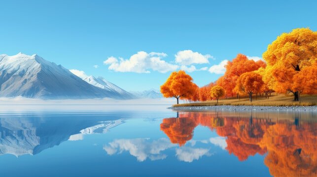 Serene mountain lake with breathtaking turquoise water and autumnal reflections. Zen vibes in a 3D picturesque rendering.