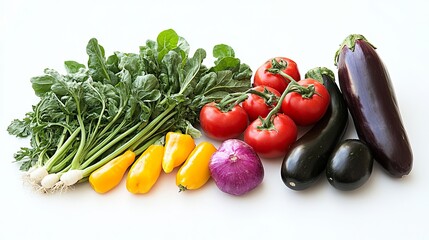 Freshly picked, natural vegetables sit alone on a white backdrop