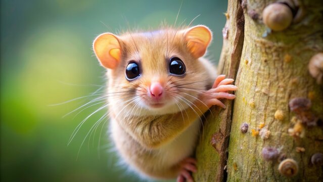 Adorable hazel dormouse with large eyes and fluffy fur climbs up a rugged tree trunk, its tiny paws grasping tightly, in a natural woodland setting.