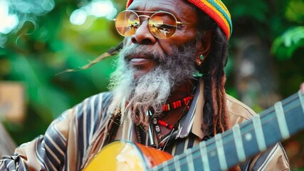 Colorful rastafarian musician playing guitar outdoors
