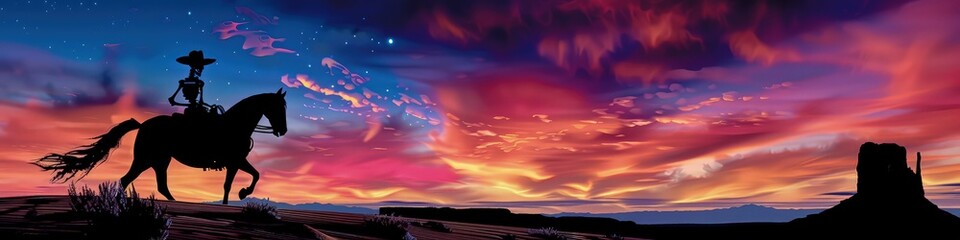 Fototapeta premium A silhouette of a skeleton cowboy on horseback, wearing a cowboy hat, riding across the desert plains at dusk with vibrant colors in the sky