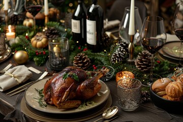 A Christmas table set with a roasted turkey and wine, surrounded by holiday decorations, Festive table set with holiday dinner and decorations