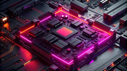 Top View of a Black Motherboard with Neon Glowing Lights