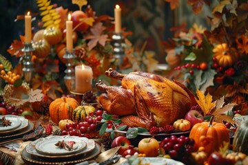 A festive Thanksgiving table adorned with a cheerful turkey and various decorations, Festive Thanksgiving feast with a cheerful turkey and autumn decorations