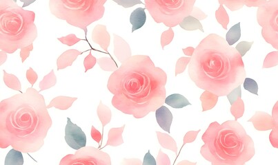 Seamless Pattern of simple small pink roses in Watercolor texture background, Generative AI