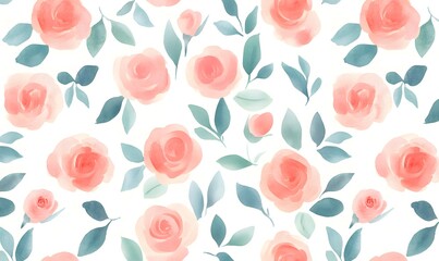 Seamless Pattern of simple small pink roses in Watercolor texture background, Generative AI