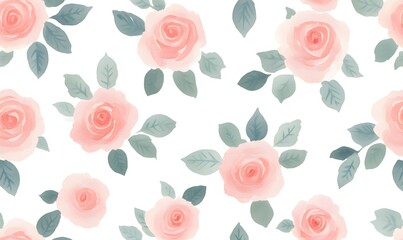 Seamless Pattern of simple small pink roses in Watercolor texture background, Generative AI