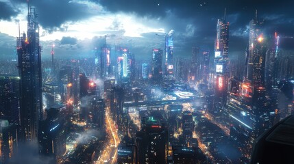 Fototapeta premium Futuristic Cityscape at Night with Neon Lights and Skyscrapers Under a Stormy Sky