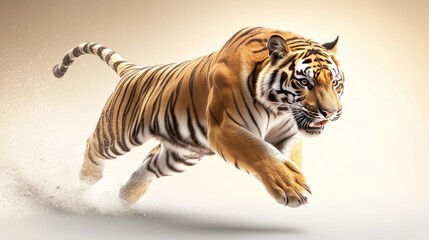 Fototapeta premium A majestic tiger jumping, isolated on a bright background. The natural sunlight 