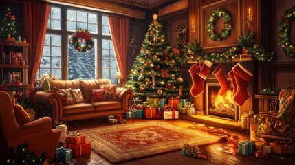 Obraz premium A realistic depiction of a cozy living room during Christmas, with a decorated tree, presents, a fireplace with stockings, and a family enjoying the festive season 