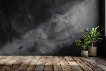Rustic background with wooden table and indoor plants in a moody botanical setup