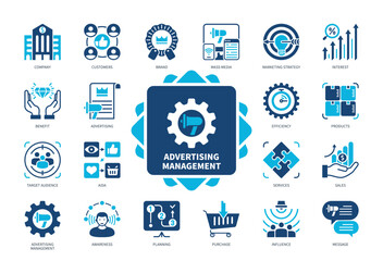 Advertising Management icon set. Company, Customers, Brand, AIDA, Advertising, Mass Media, Target Audience, Purchase. Duotone color solid icons