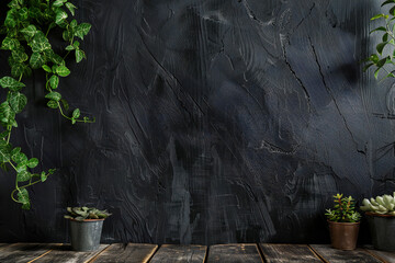 Rustic background with wooden table and indoor plants in a moody botanical setup