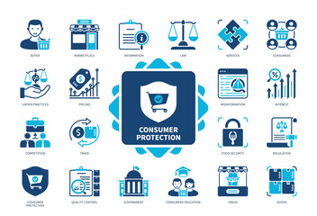 Consumer Protection icon set. Marketplace, Buyer, Competition, Trade, Consumer Education, Fraud, Regulation, Law. Duotone color solid icons