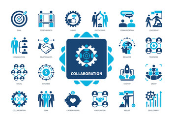 Collaboration icon set. Goal, Togetherness, Communication, Team, Crowdfunding, Cooperation, Social, Result. Duotone color solid icons