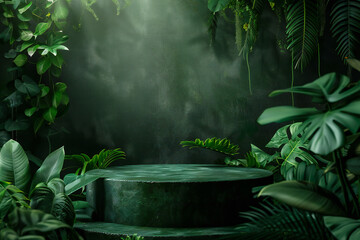 Lush vegetation jungle background with green pedestal and tropical leaves in botanical scene