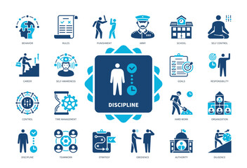 Discipline icon set. Rules, Behavior, Army, Responsibility, Hard Work, Diligence, Time Management, Punishment. Duotone color solid icons