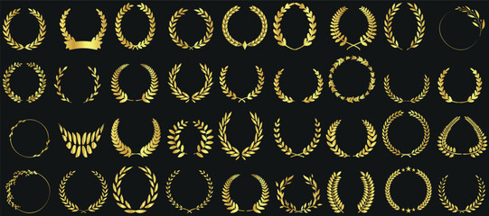 Golden laurel wreath vector set design elements isolated luxury award symbols classic victory